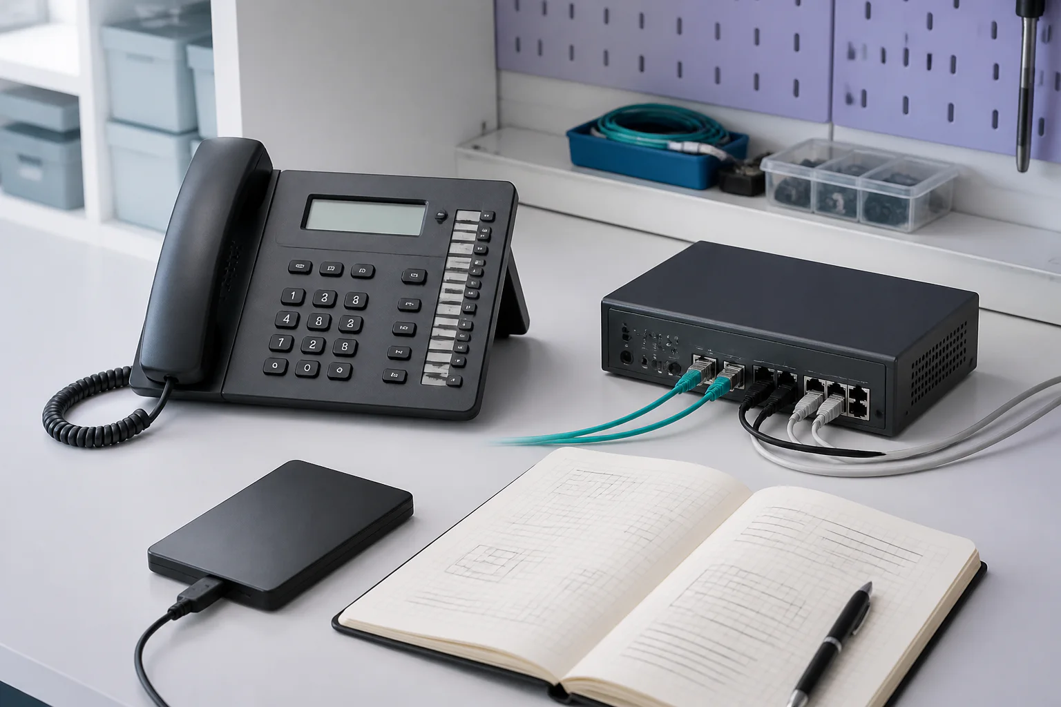 Legacy communications modernization documented on a clean technical workbench